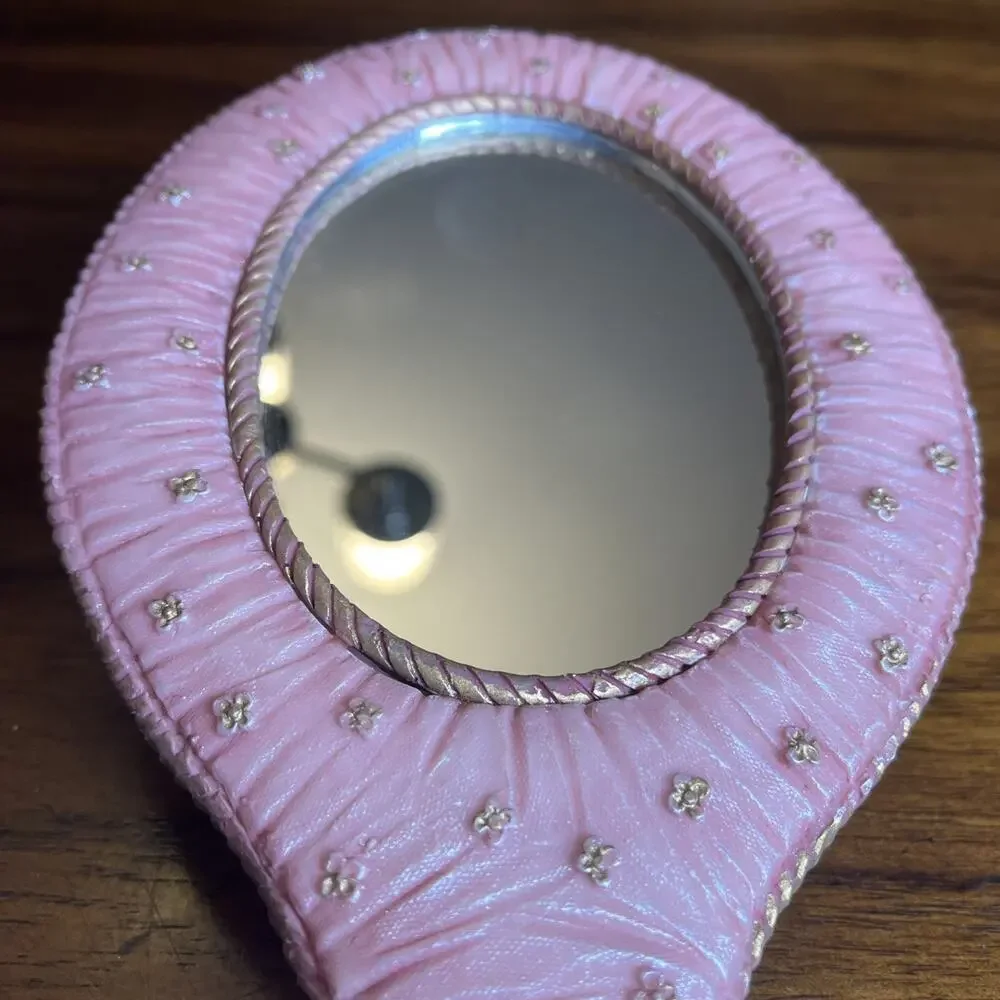 Ornate Pink Floral Handheld Vanity Mirror W/ Roses & Bow, Cottage Glam Whimsy
